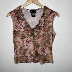 Y2K No Boundaries Leopard Floral Print Tee Juniors XL Ruffle Tie Romantic Top